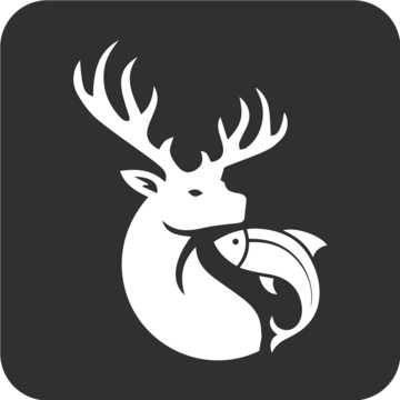Minimalist logo of a deer and fish, white on dark background, hunting