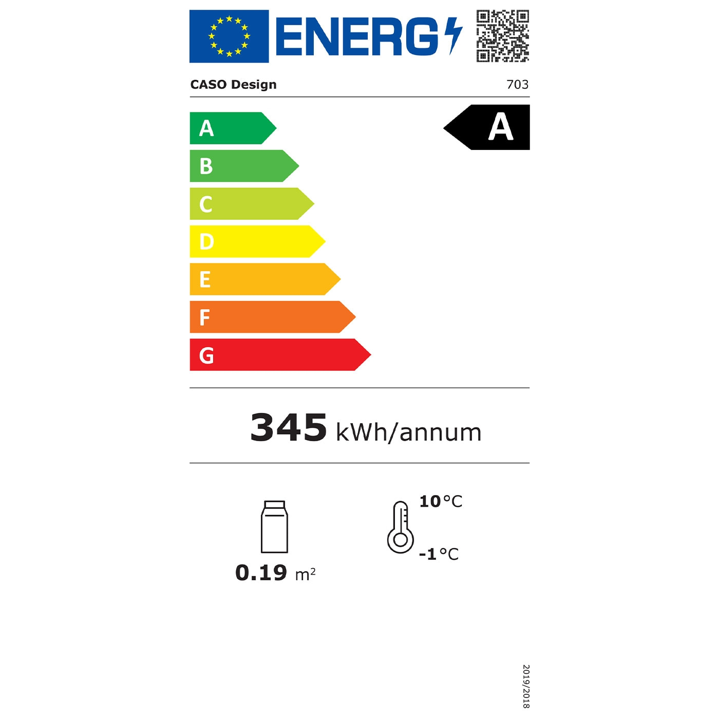 Energieeffizienzlabel für ein Gerät der Marke CASO Design mit der Energieeffizienzklasse A.