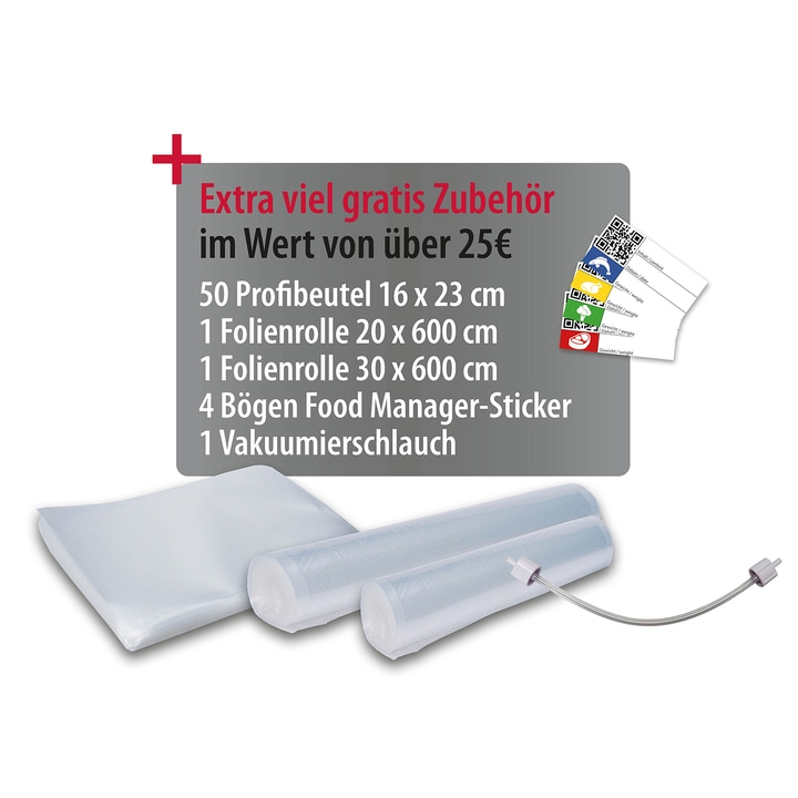 Accessory set with vacuum hose, foil rolls and bags, worth over 25€.
