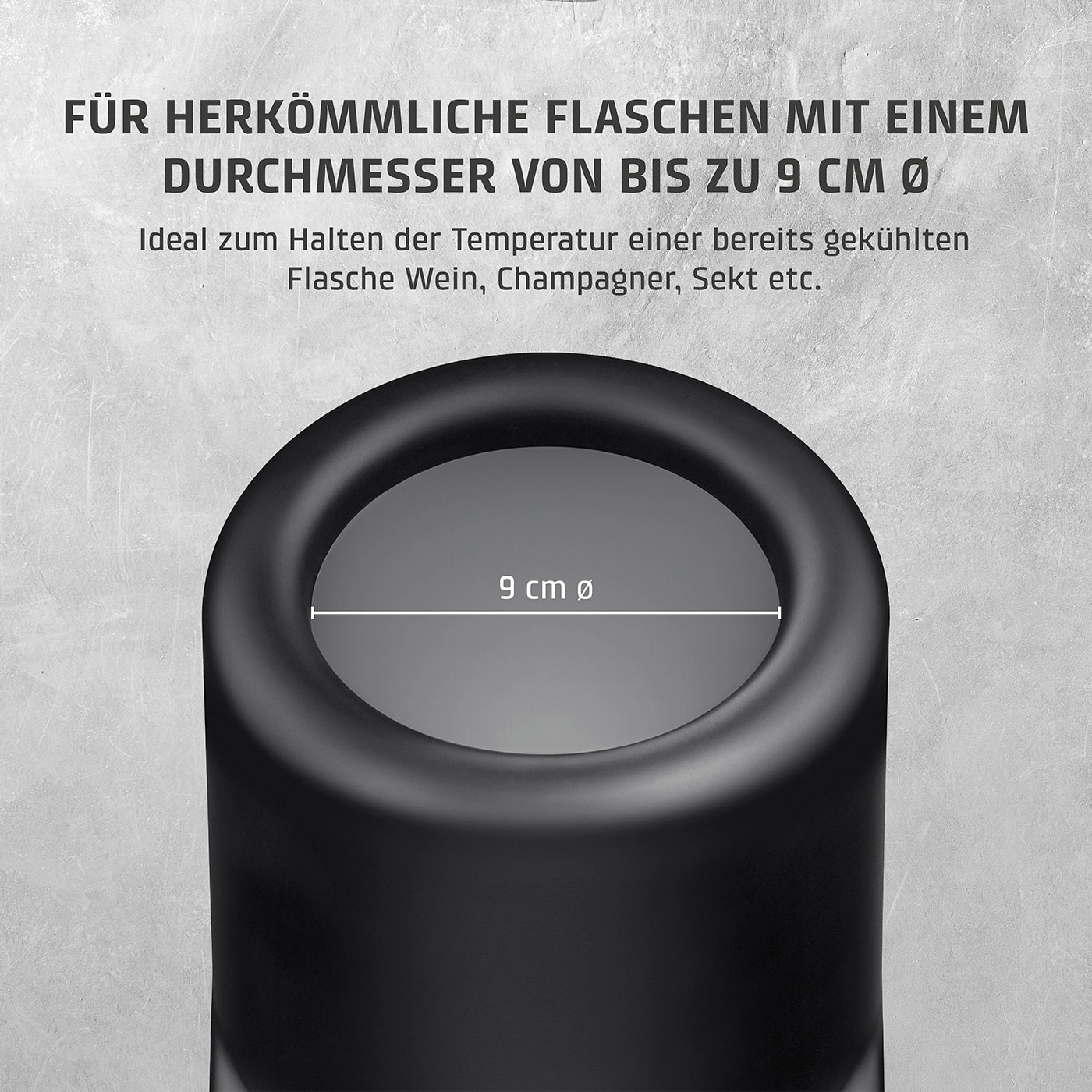 Weinkühler mit Text: Für Flaschen bis 9 cm Durchmesser. Ideal für Wein, Champagner, Sekt.