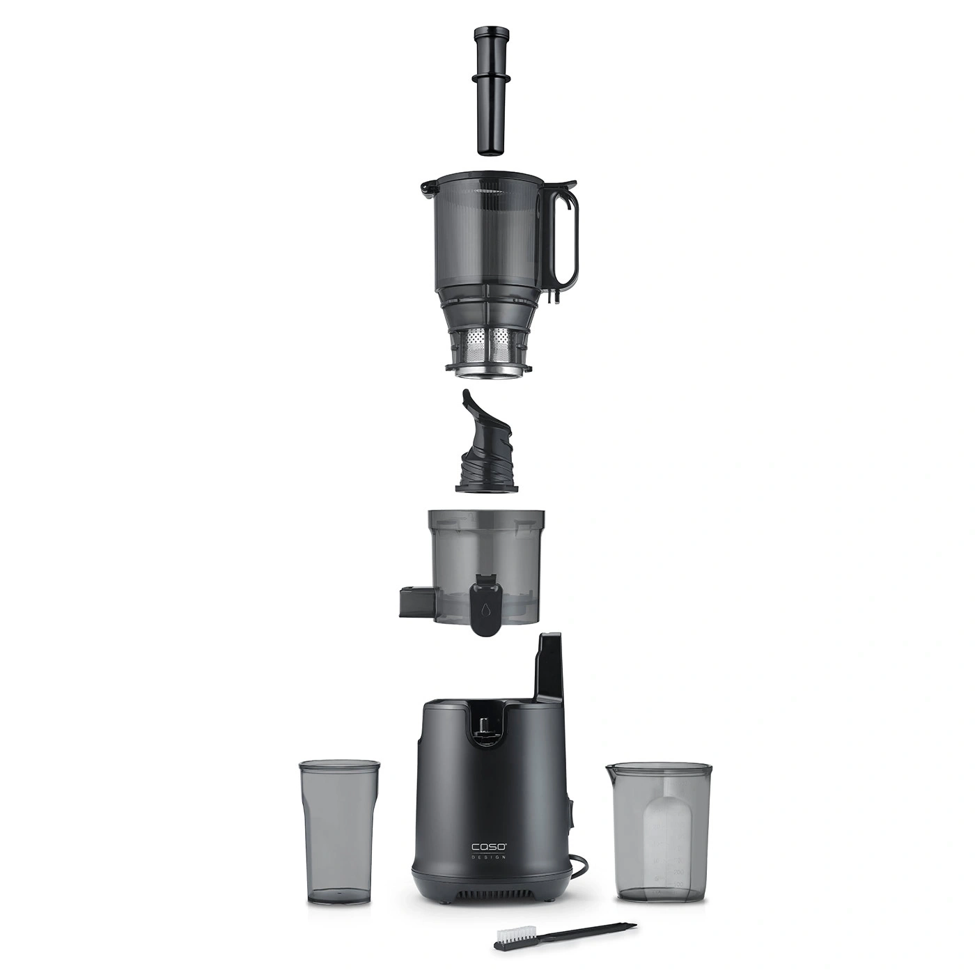 Disassembled juicer with accessories, black, Caso Design, isolated on white background