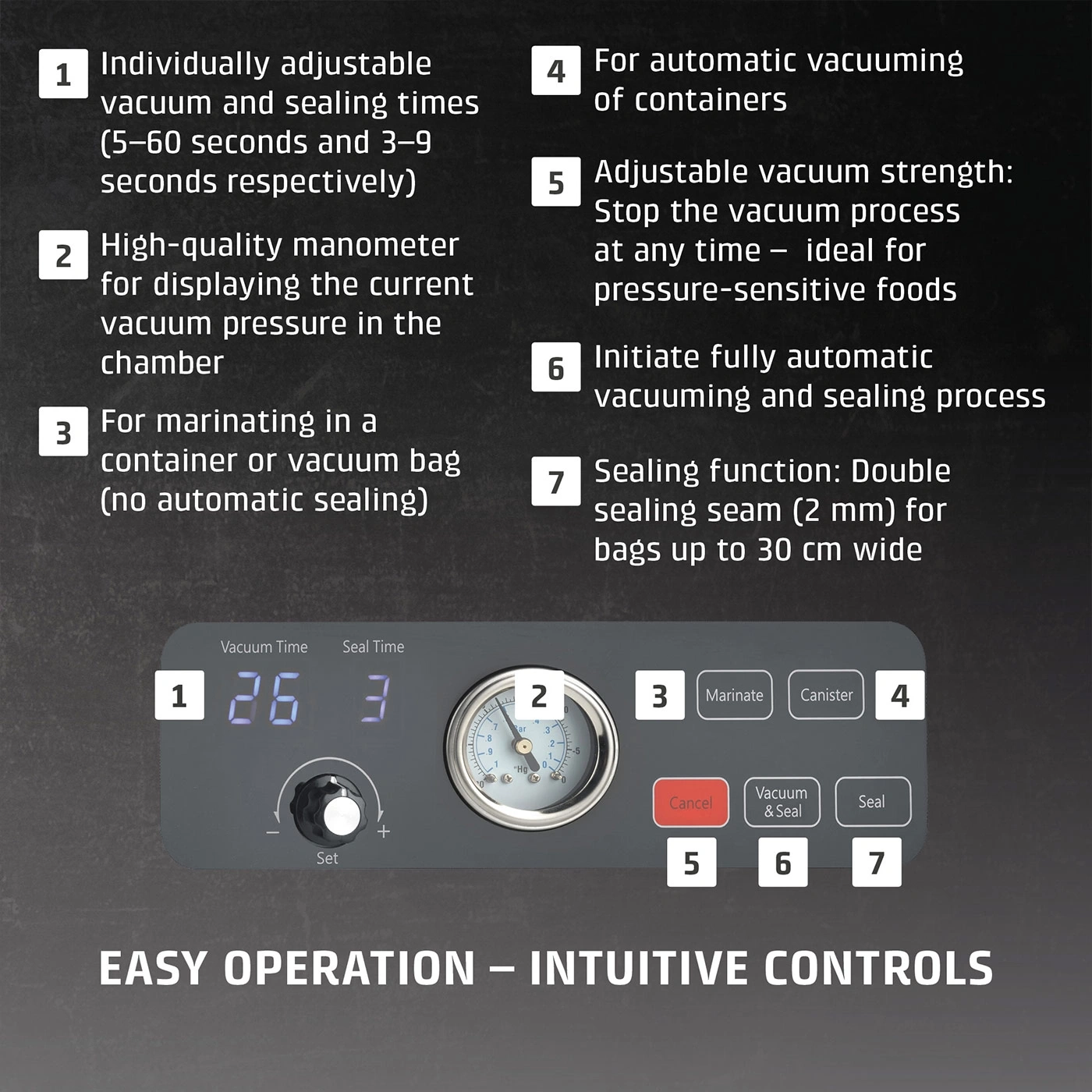 Vacuum sealer with features, manometer, marinating function, easy operation.