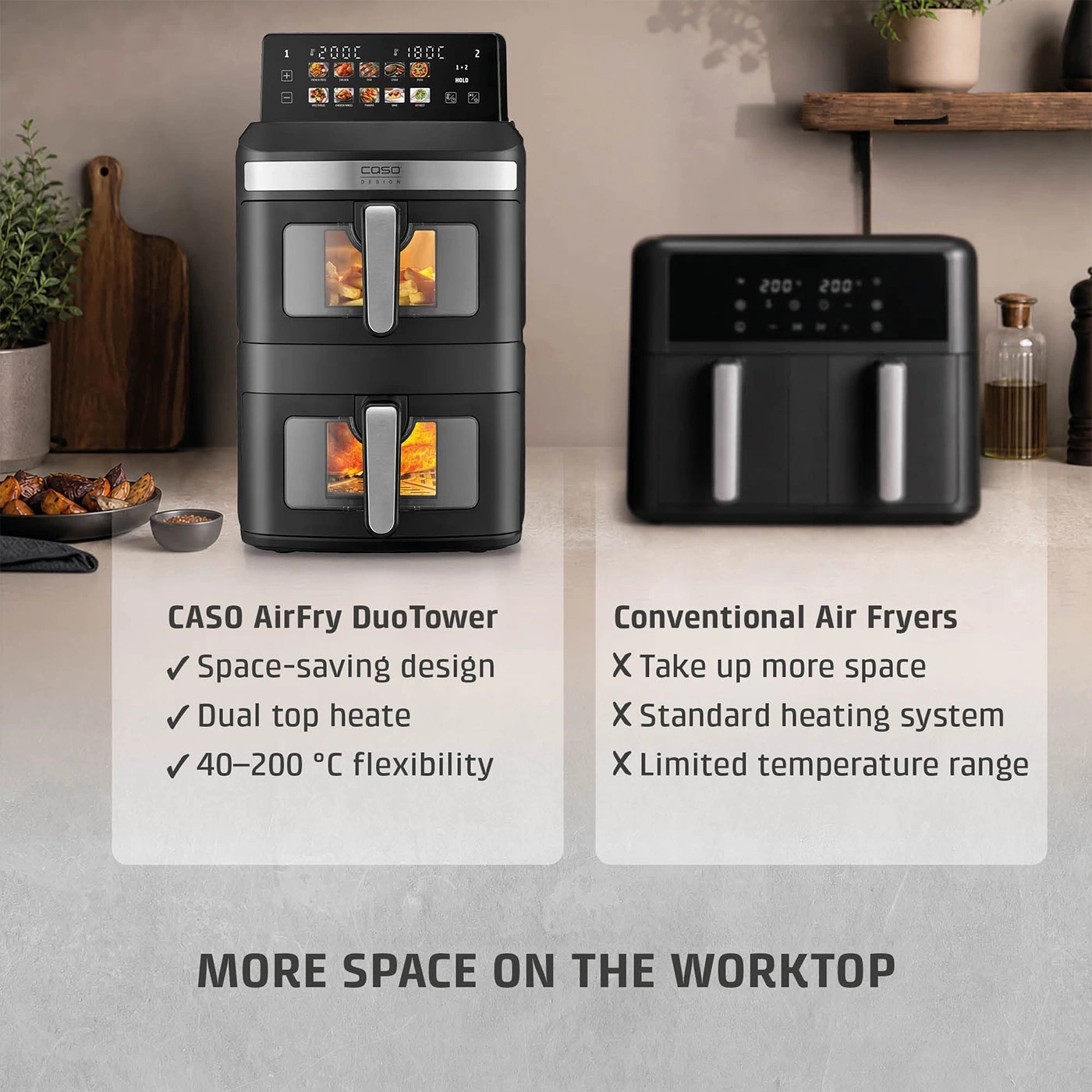 CASO AirFry DuoTower vs traditional air fryer on countertop