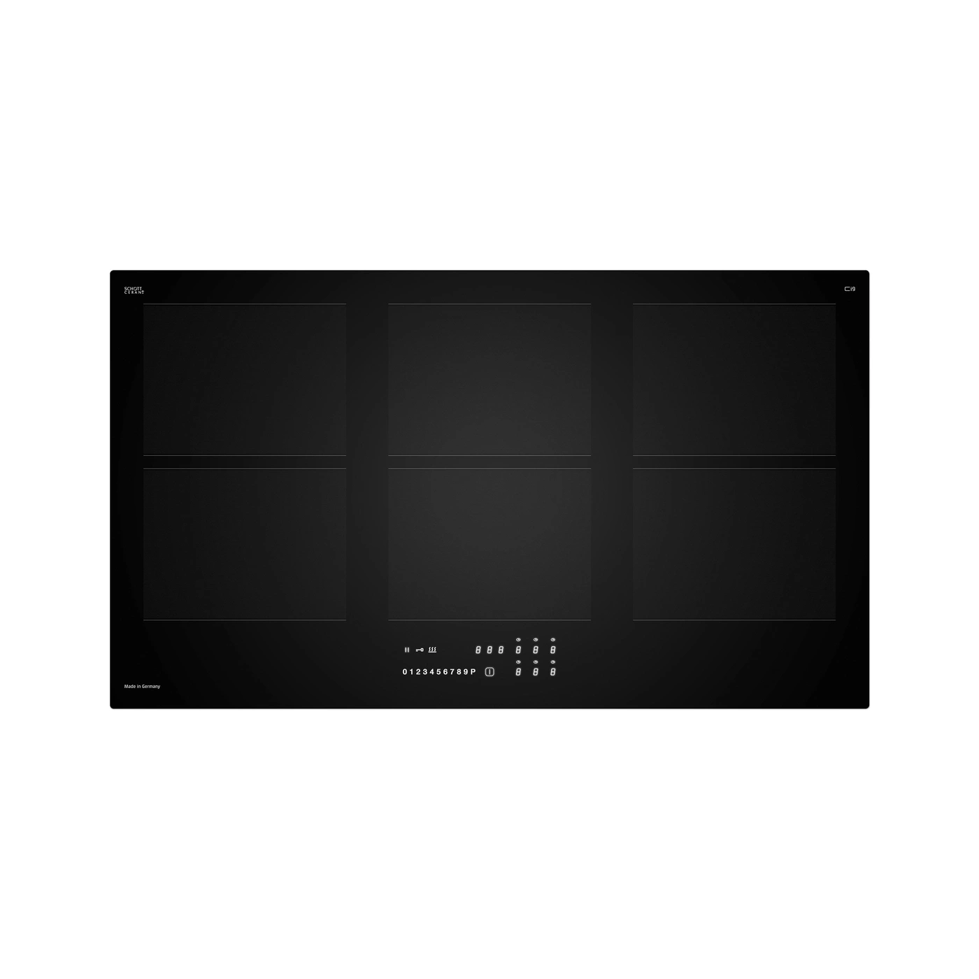 A black induction cooktop with digital controls and cooking zones.