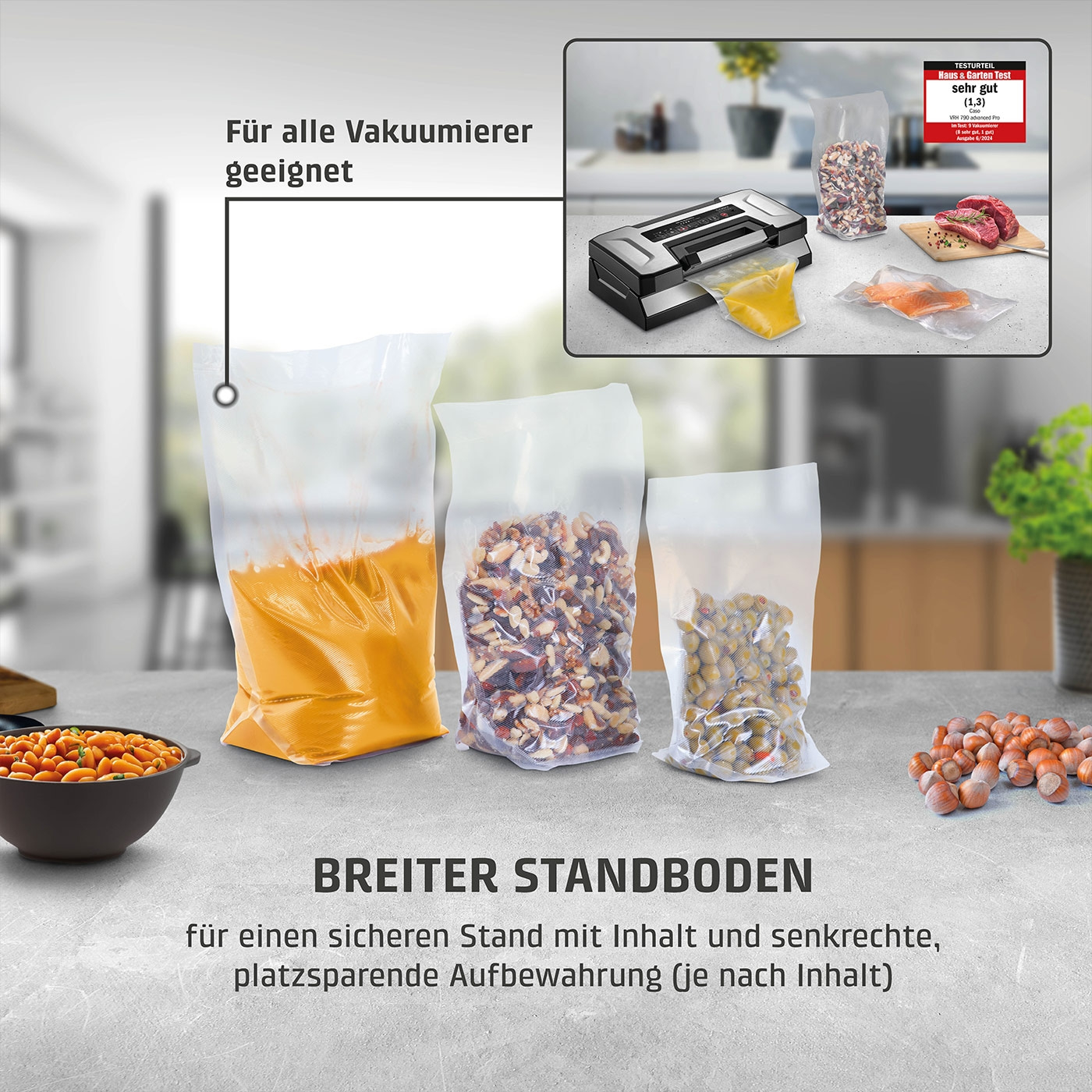 Vakuumbeutel mit Inhalt, Text: Für alle Vakuumierer geeignet, BREITER STANDBODEN