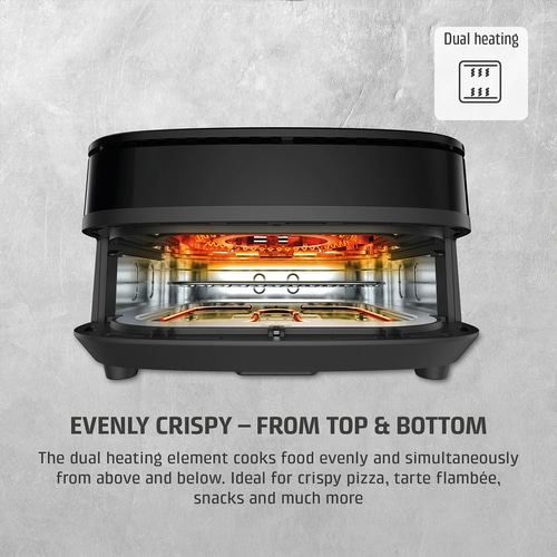 An air fryer with dual heating elements for evenly crispy results from top and bottom.