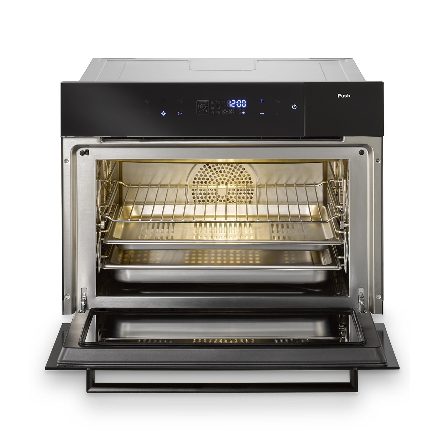 Open oven with interior, baking trays, and digital display, ready for cooking.