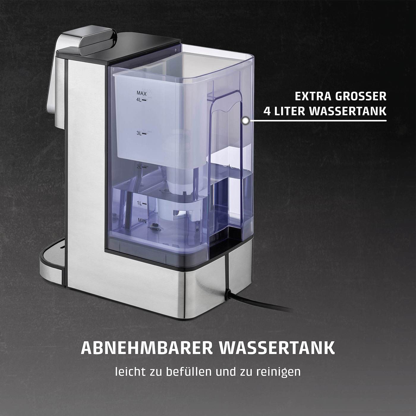 Kaffeemaschine mit abnehmbarem Wassertank, 4 Liter, leicht zu befüllen und zu reinigen.