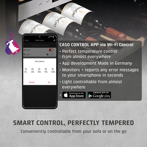 Smartphone app controlling wine cooler, temperature, light, Wi-Fi, App Store, Google Play, smart control