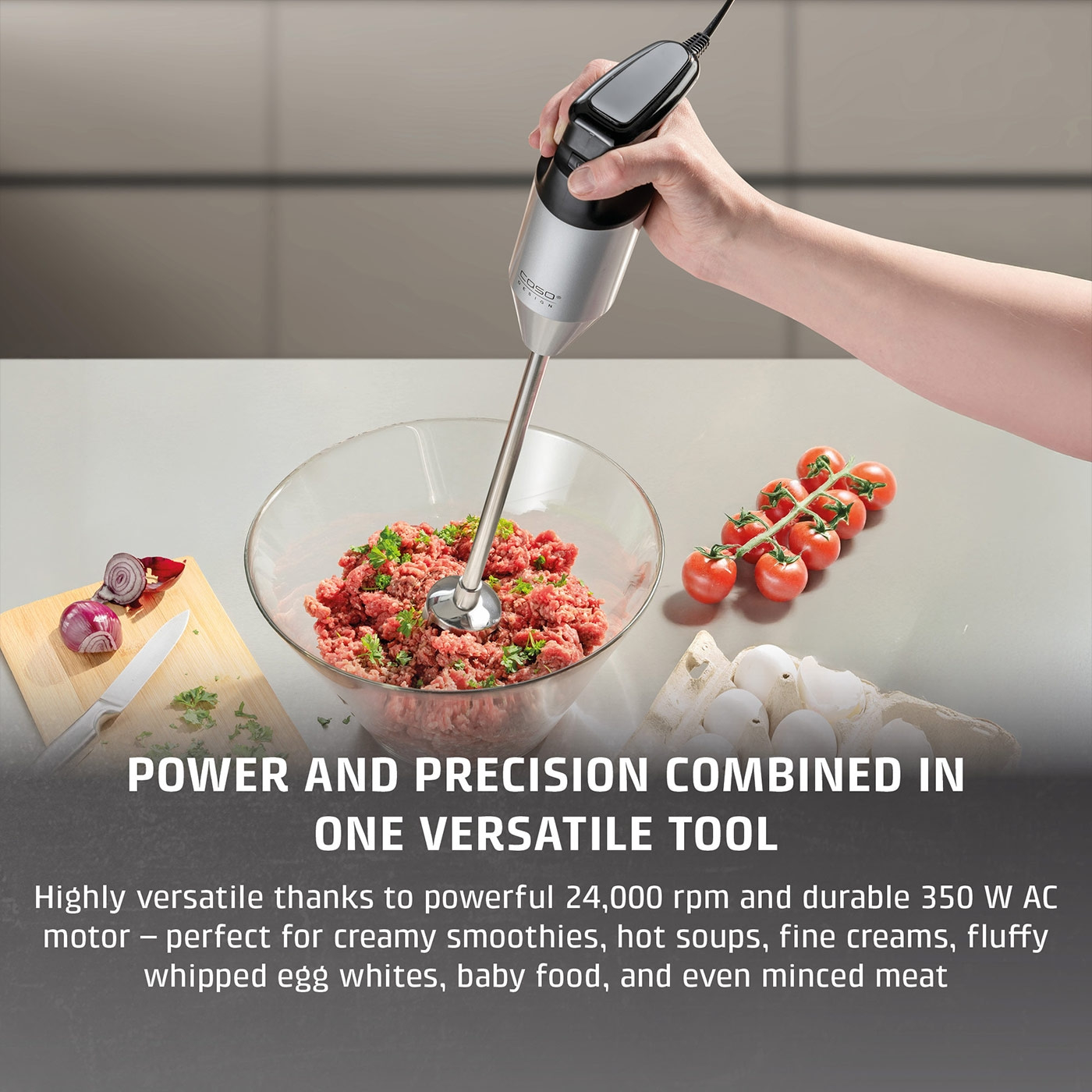 Hand blender in action, preparing minced meat, versatile, power and precision, kitchen appliance.
