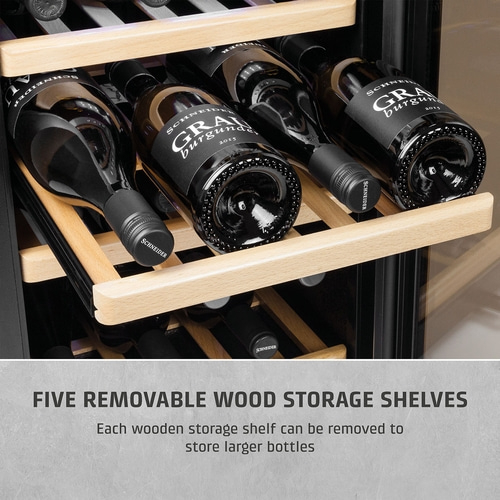 Wine cooler with wooden shelves and wine bottles. Text: Five removable wooden shelves.
