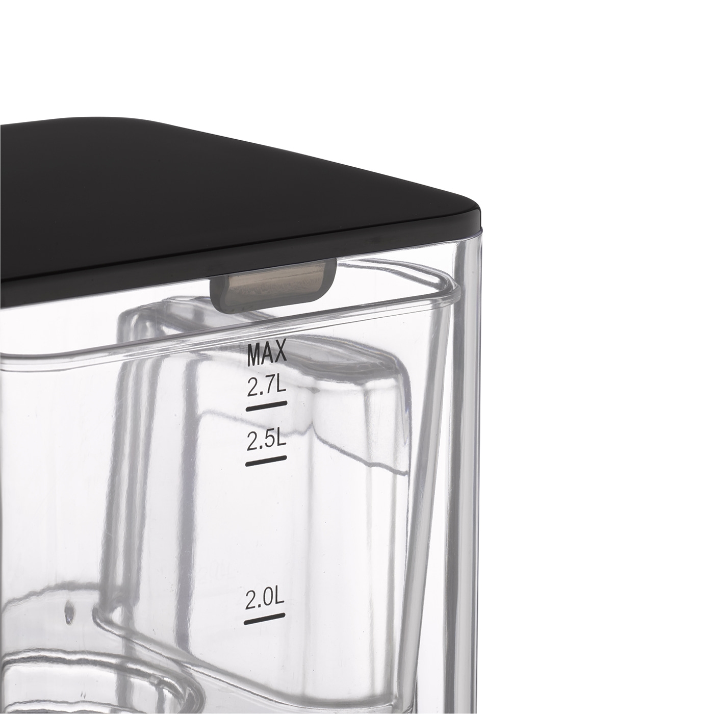 Close-up of a transparent water container with measurement markings and a black lid