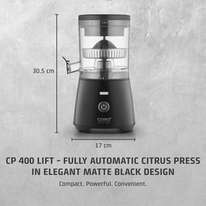 Citrus juicer, black, 30.5 cm high, 17 cm wide, CP 400 LIFT, Caso Design, compact, powerful, comfortable.