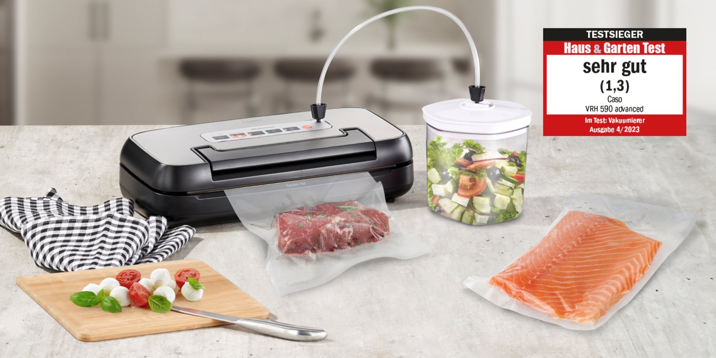 Vacuum sealer with food, 'very good' test result, and vegetables.