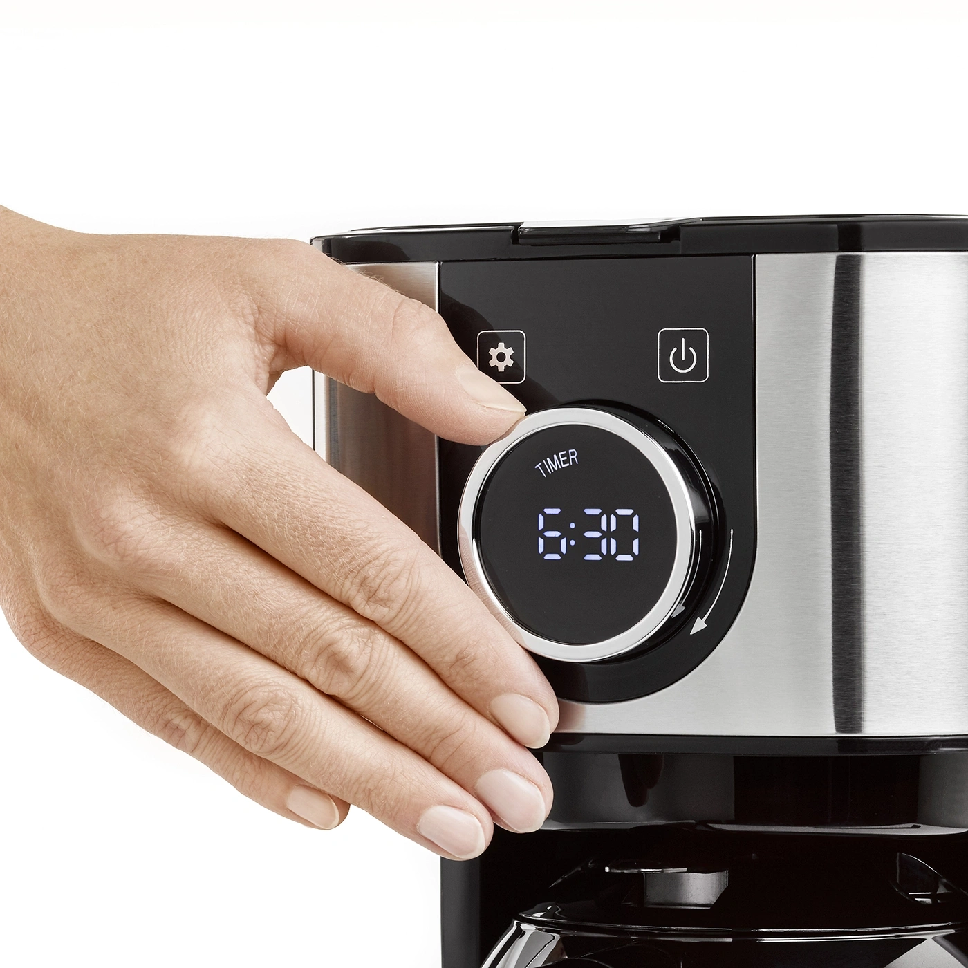 Kaffeemaschine mit Timer-Einstellung, Hand, Uhrzeit 6:30, Bedienfeld, Edelstahl