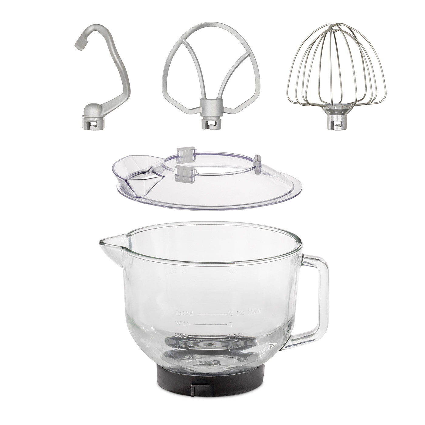 Küchenmaschine mit Zubehör: Knethaken, Rührbesen, Schneebesen, Deckel und Schüssel.