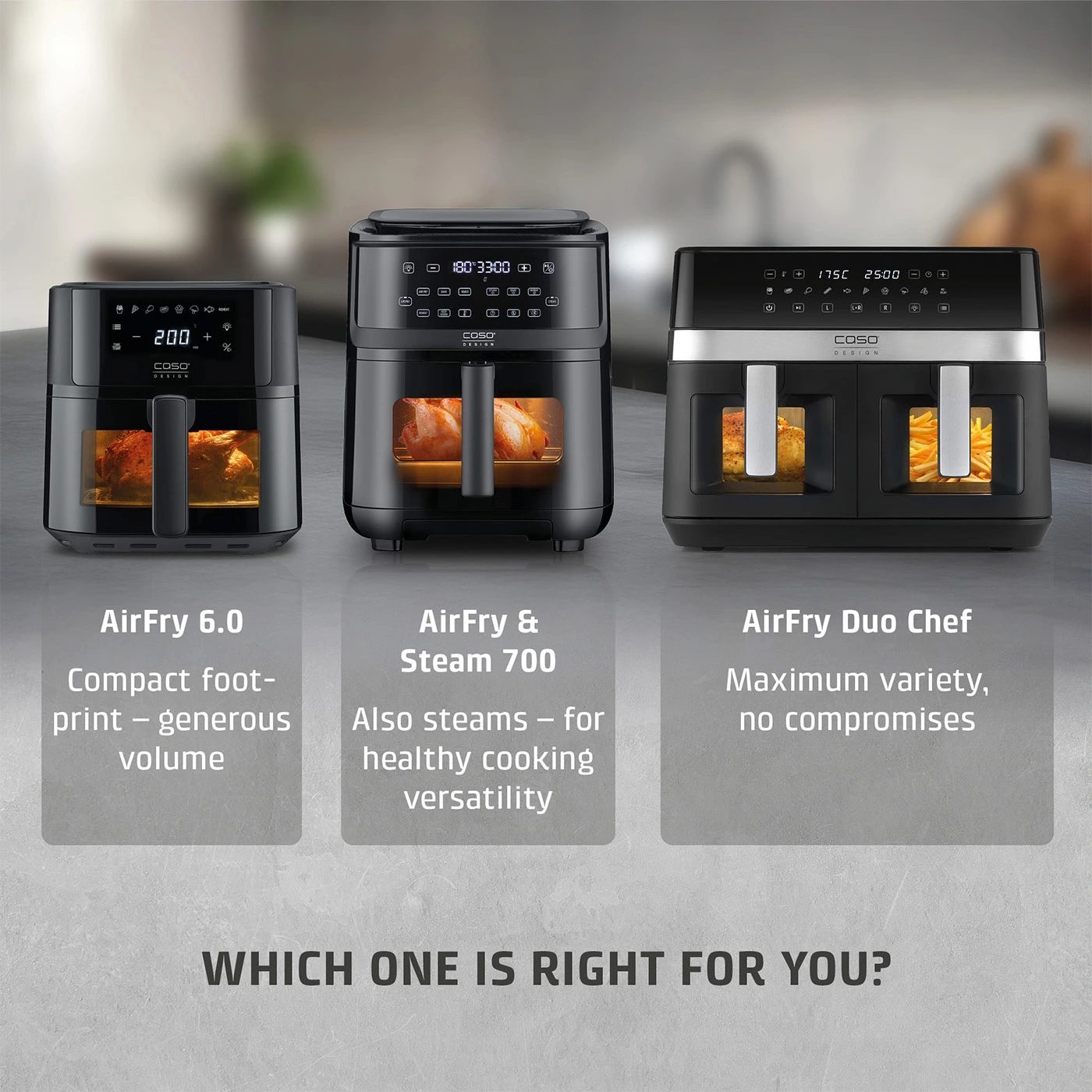 Three Caso Airfryer models with their descriptions and the text "Which one should it be?"