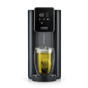 Black hot water dispenser with glass and tea bag, 100 degrees Celsius.
