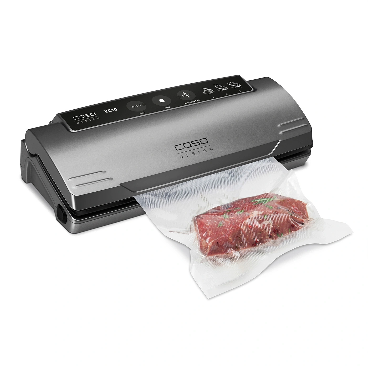 Vacuum sealer with meat in a plastic bag, grey, Caso Design VC10