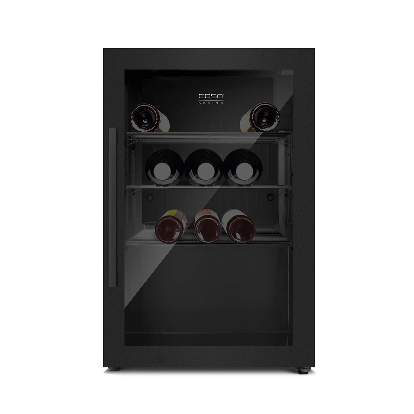 Black wine cooler with glass front and wine bottles inside the fridge.