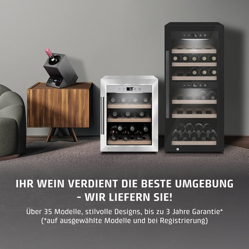 Wine cooler display with text: Your wine deserves the best environment.