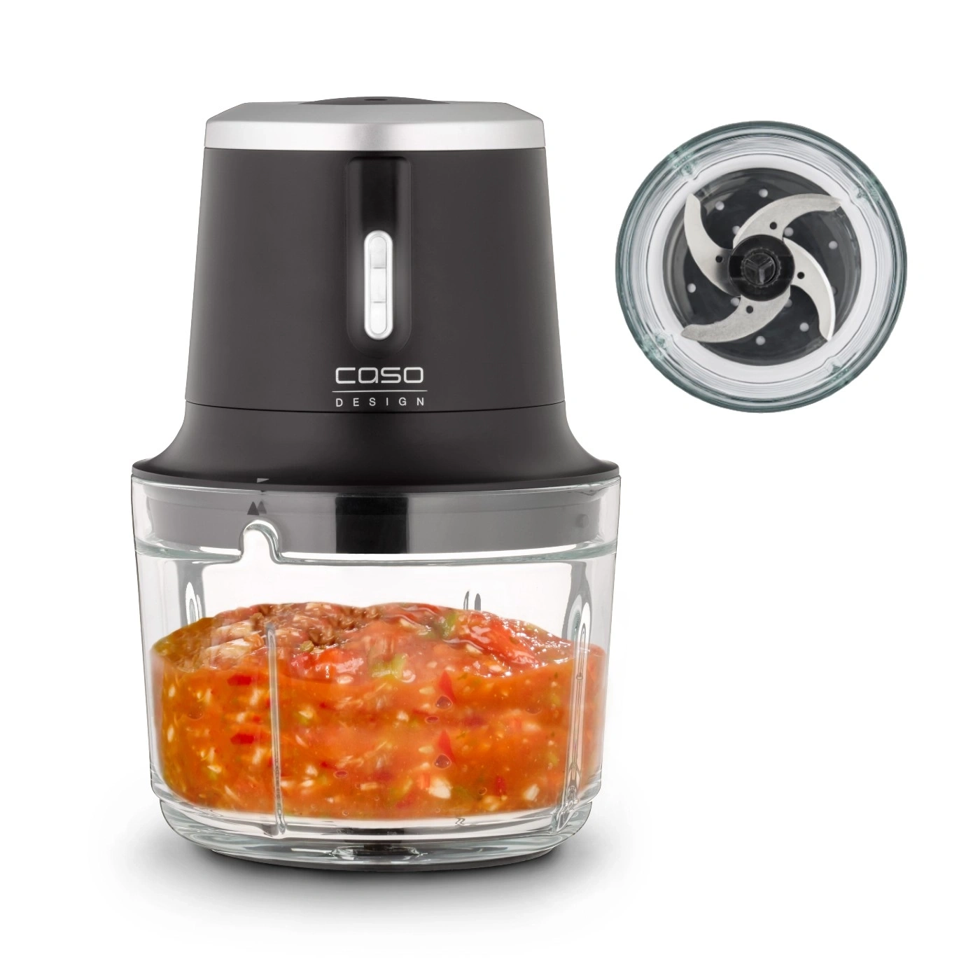 Black Caso food processor with glass container and vegetable filling