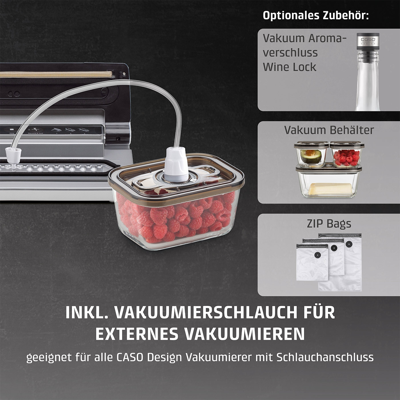 Vacuum sealer with accessories: vacuum container, zip bags, vacuum hose, wine lock.
