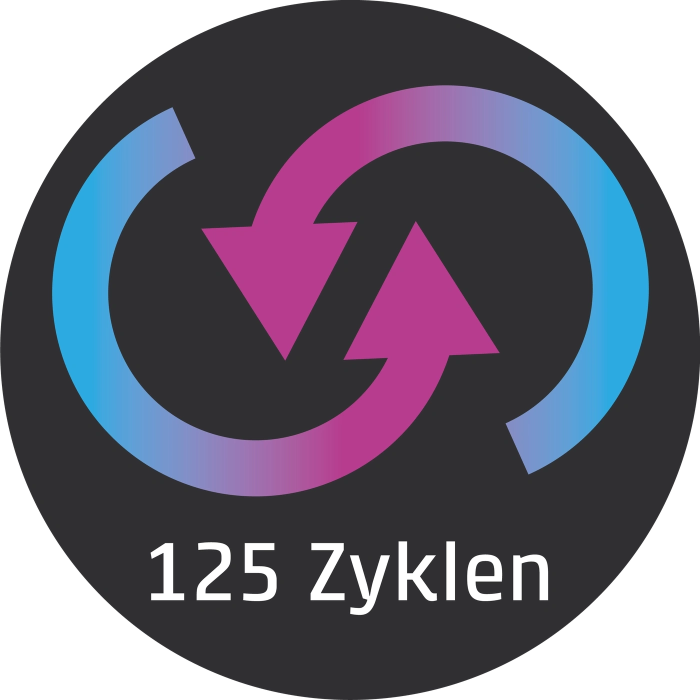 Kreisförmiges Logo mit Pfeilen und Text: 125 Zyklen, in einem dunklen Kreis