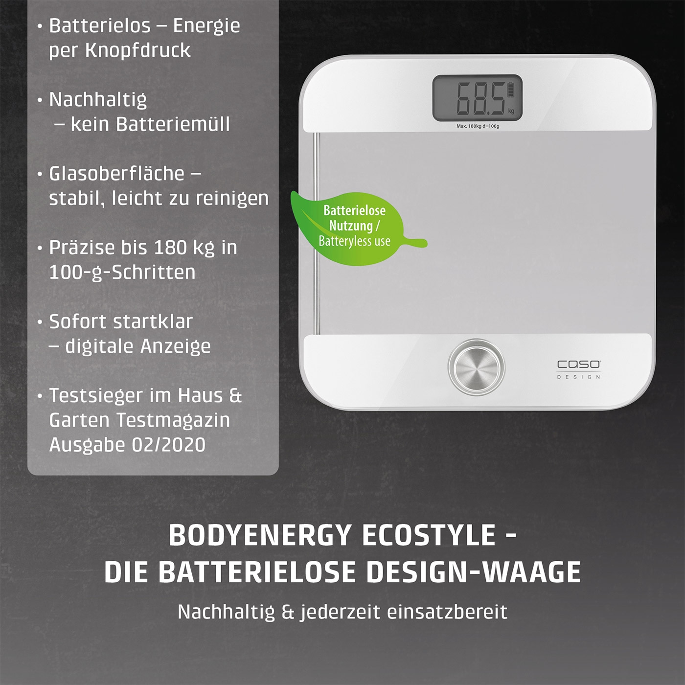 Weiße Design-Waage mit digitaler Anzeige und Blatt-Symbol "Batterielose Nutzung"