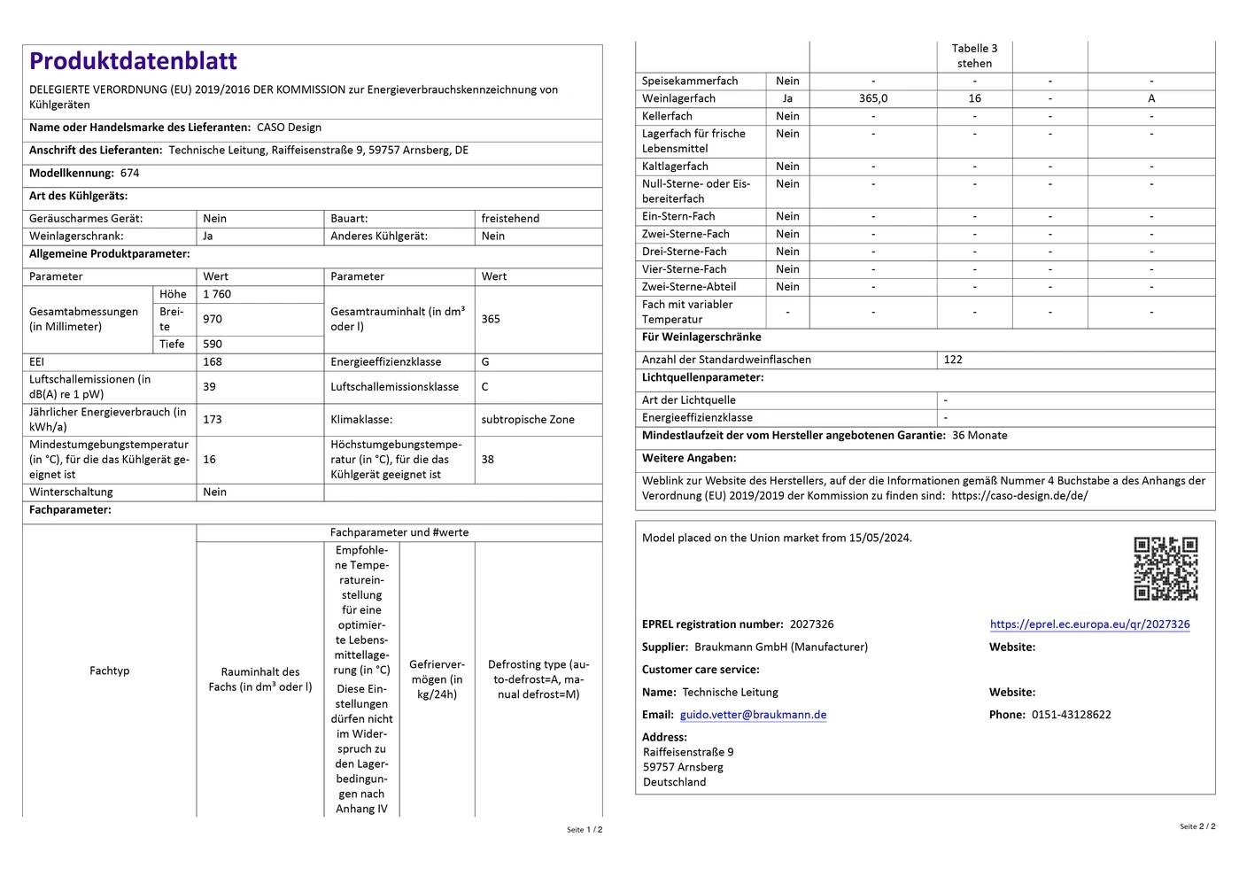 Produktdatenblatt Kühlschrank: Energieeffizienz, Abmessungen, Weinlagerfach, Klimaklasse, Garantie, Hersteller.
