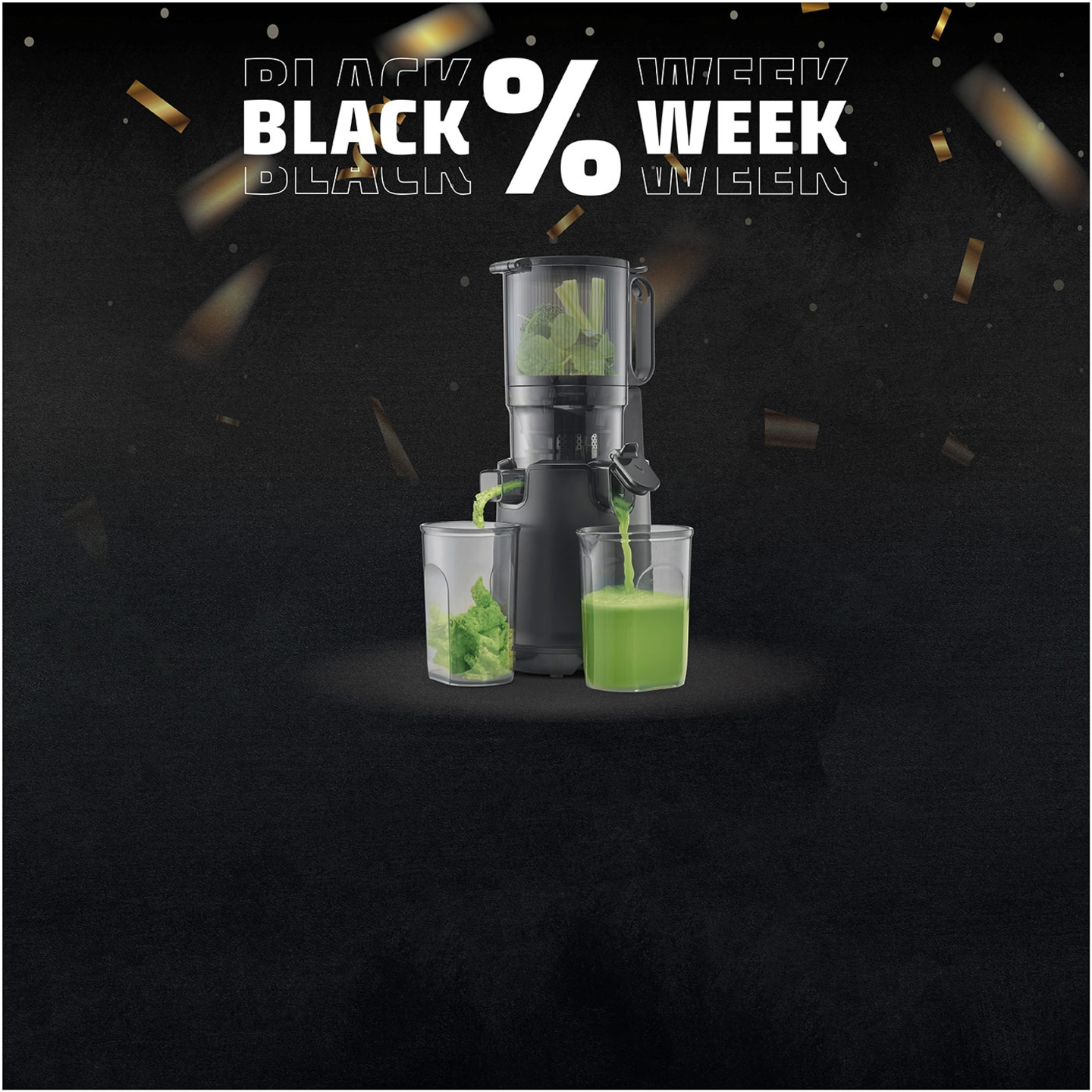 Schwarzer Hintergrund mit Saftpresse und Black Week Angebot