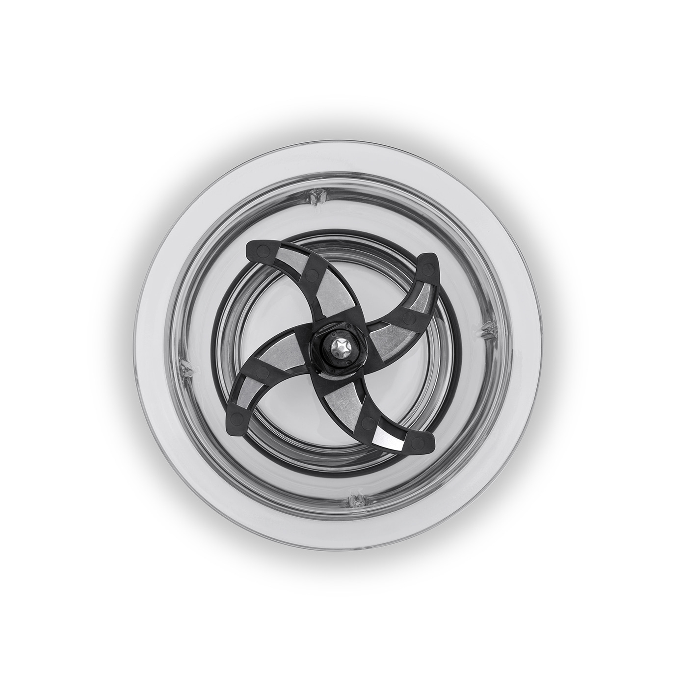Top-down view of a transparent blender with blades on a white background.