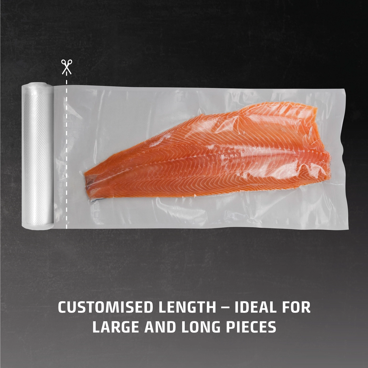 A roll of vacuum seal bag with a salmon fillet and text.