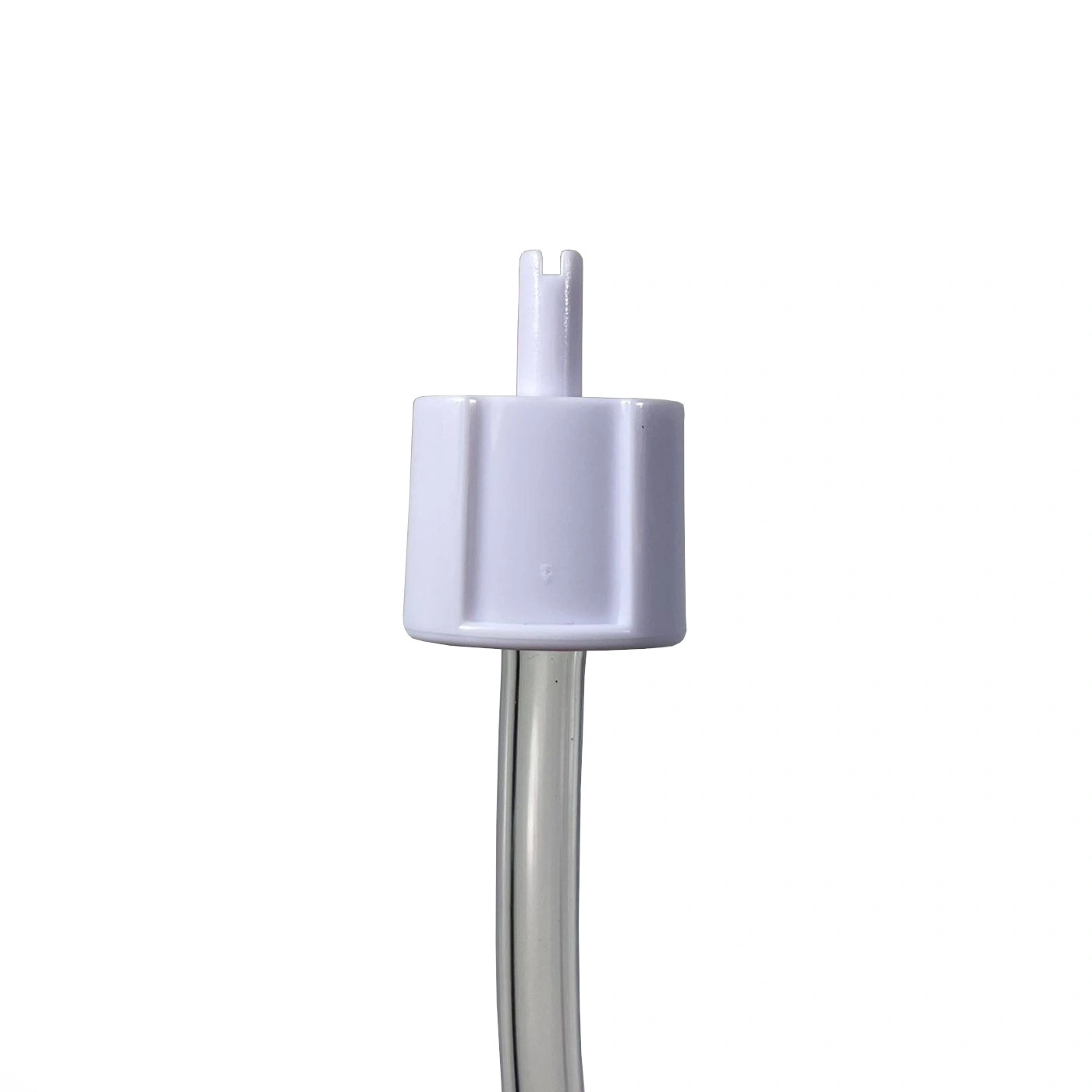 White plastic connector with tube, isolated on white background