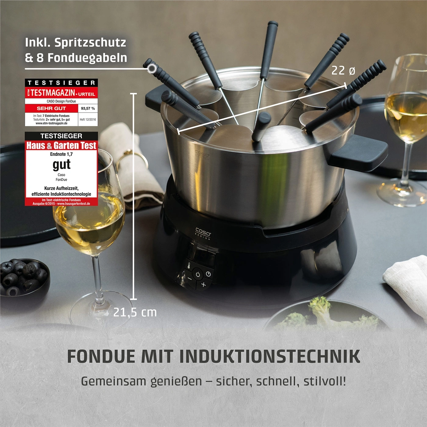 Ein Induktions-Fondue-Set mit Spritzschutz und 8 Fonduegabeln.