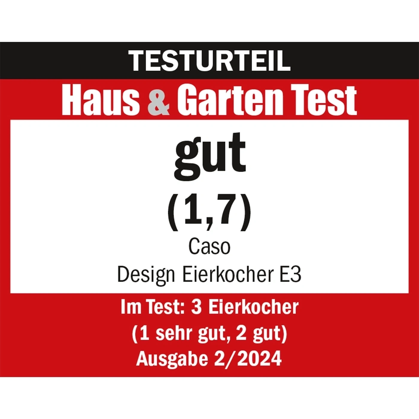 Testurteil Haus & Garten Test: gut (1,7) für Caso Design Eierkocher E3, Ausgabe 2/2024.