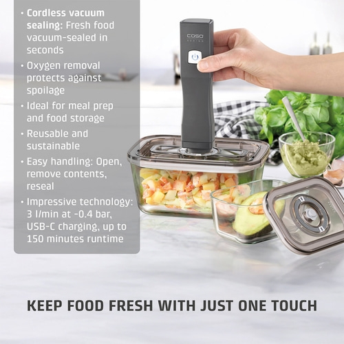 Vacuum sealer with containers for fresh food, meal prep, and storage.