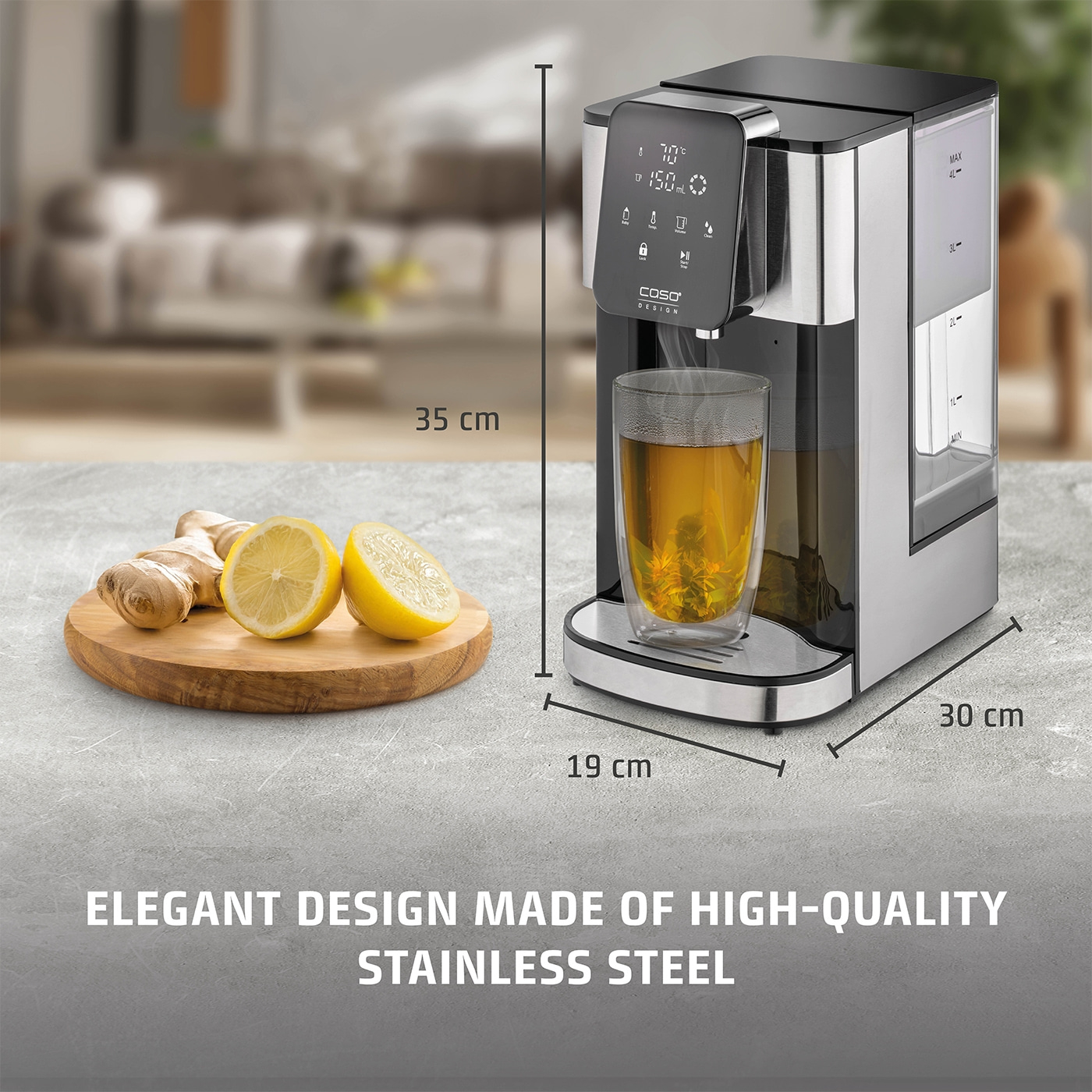 Tea machine with lemon and ginger, 35 cm high, 19 cm wide, 30 cm deep, stainless steel