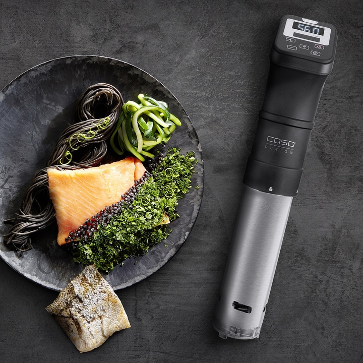 Lachsgericht mit Sous-Vide-Garer auf dunklem Hintergrund, Nahaufnahme