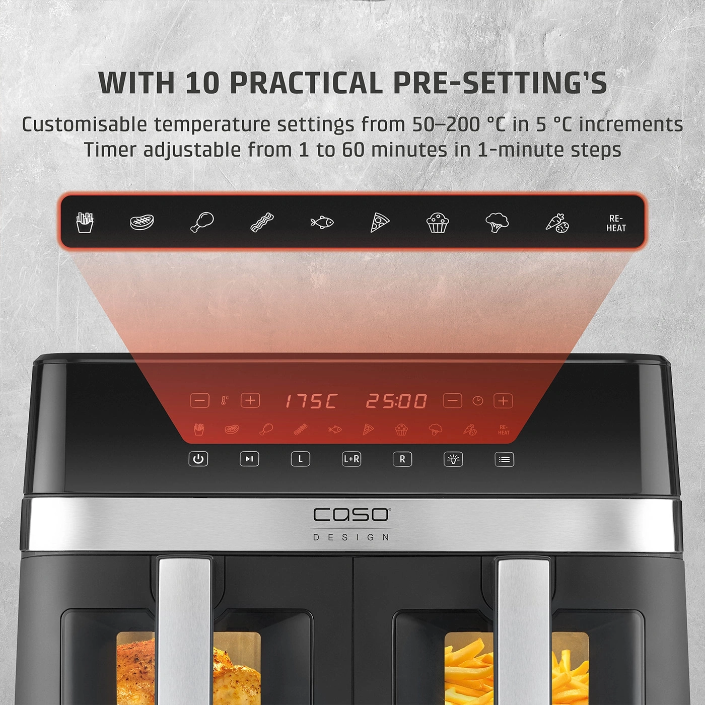 Air fryer with 10 presets, temperature control, and timer. Perfect for various dishes.