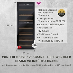 Wine cooler, 126 bottles, smart, 159cm high, 60cm wide, black design, falstaff edition.