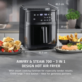 Black air fryer with food, dimensions, and text. Airfry & Steam 700 - 3in1 design.