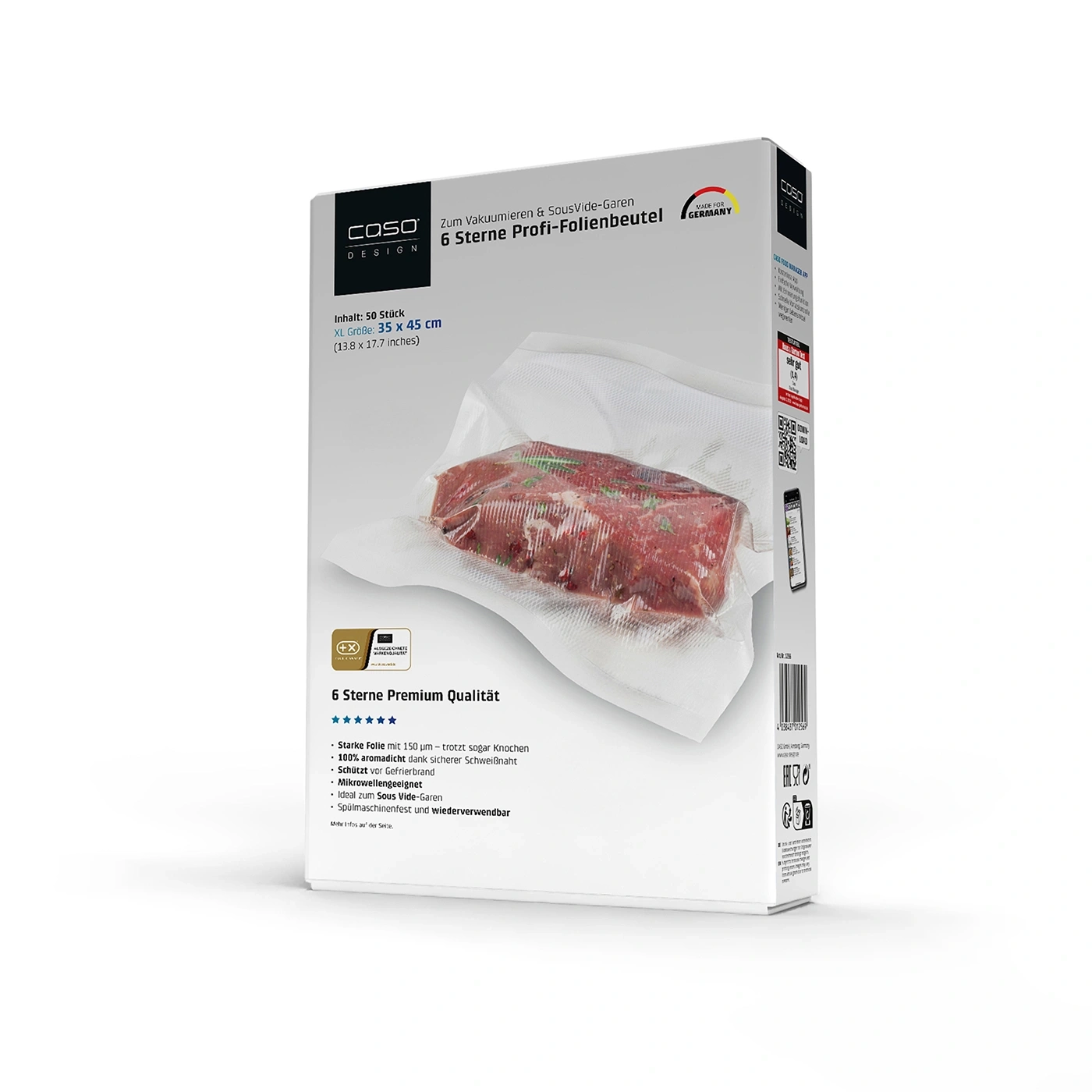 Verpackung mit Vakuumbeutel und Fleisch, Made in Germany