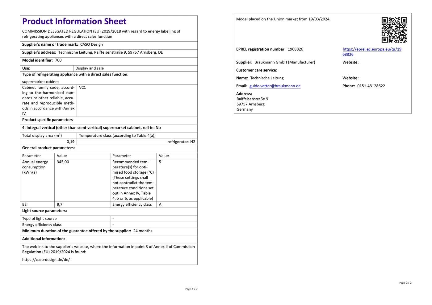 Product data sheet with technical details for a supermarket refrigerator.