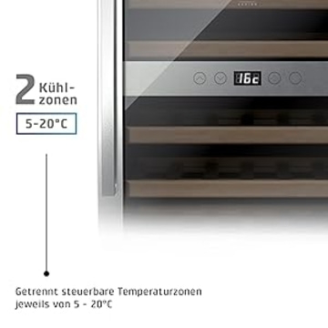 Wine cooler with two cooling zones, temperature display, and separate temperature control from 5-20°C.