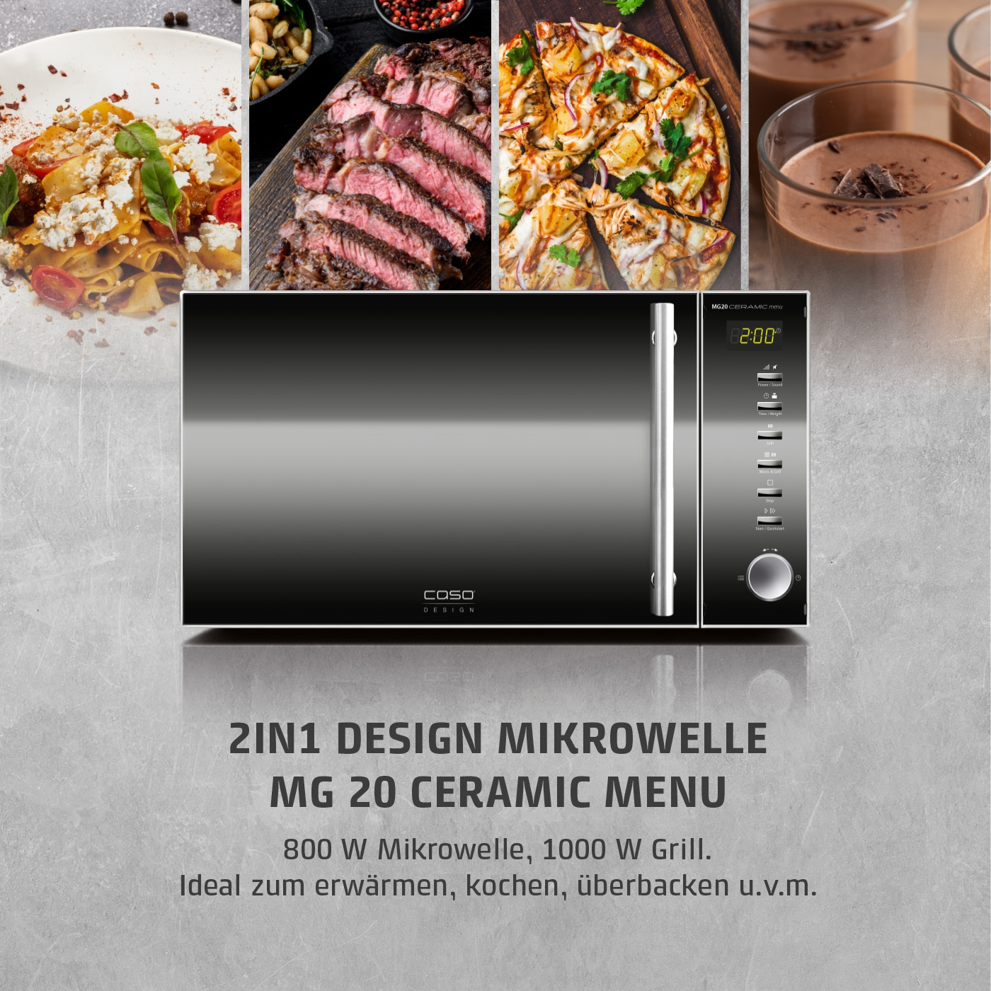 Mikrowelle mit Essen, 2in1 Design, MG 20 Ceramic Menu, 800 W, 1000 W Grill, Ideal zum Erwärmen, Kochen, Überbacken