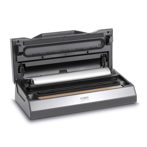 Vacuum sealer, open, with roll holder and silver front panel, Caso Design.