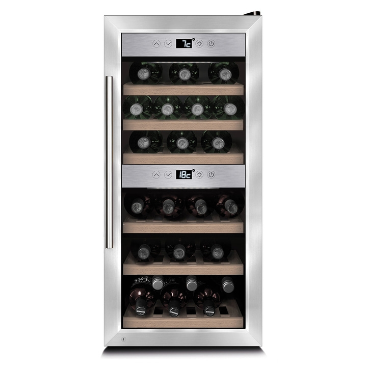 Weinkühlschrank mit Flaschen, Temperaturanzeige und Edelstahl-Design.