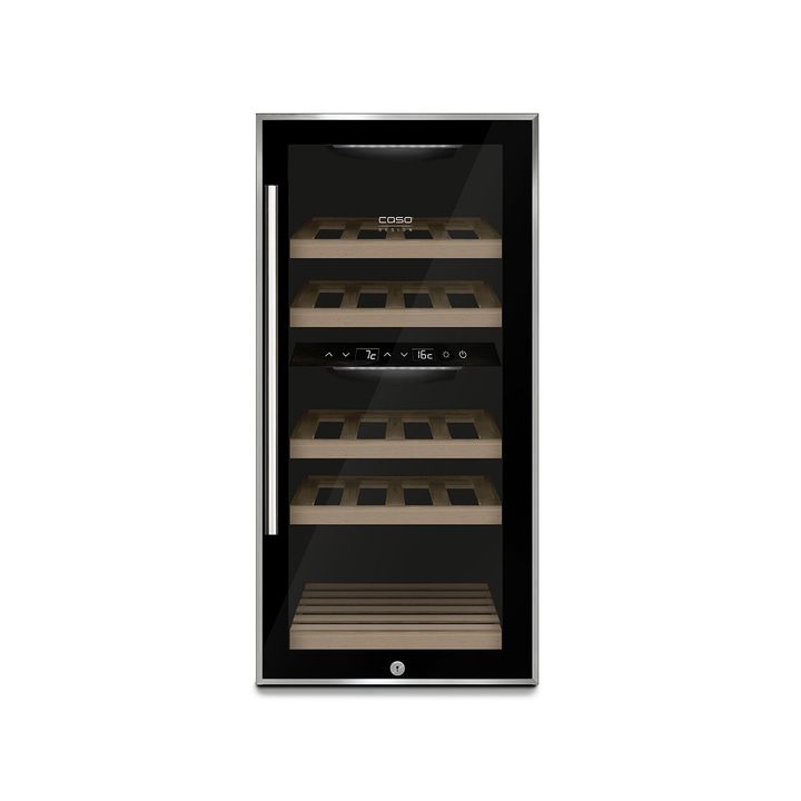 Wine cooler with wooden shelves and temperature display, Caso Design
