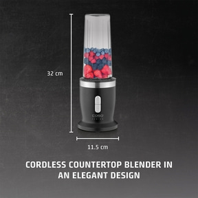 Cordless stand mixer, 32 cm high, 11.5 cm wide, filled with berries, elegant design